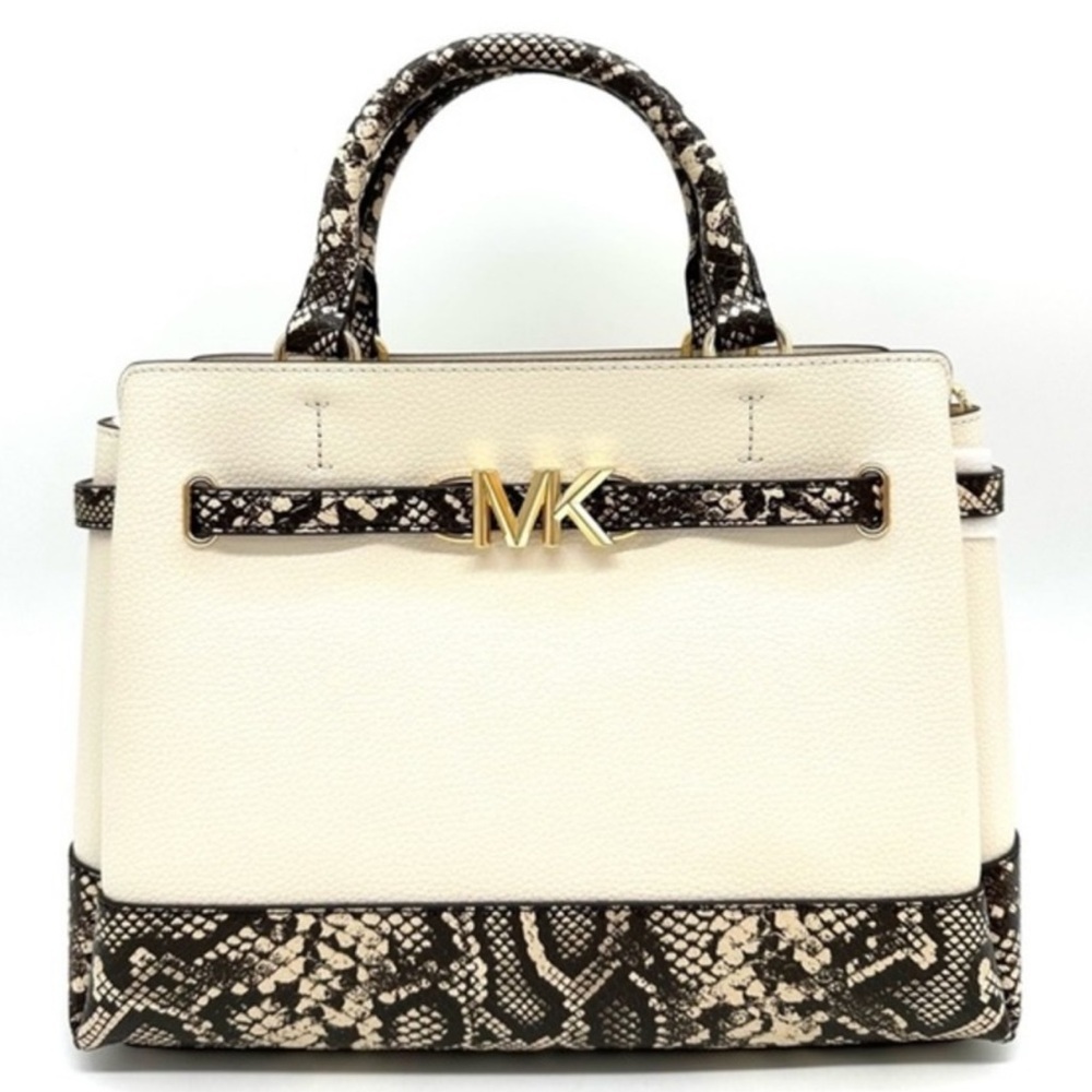 Michael Kors Large Reed Leather Belted Satchel Crossbody Bag Cream Snakeskin